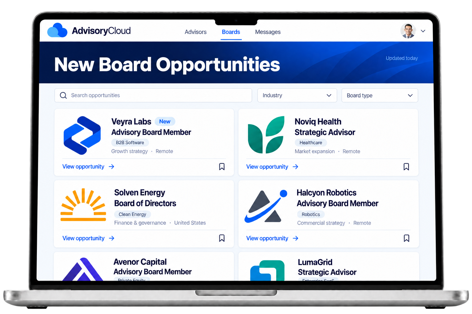 Illustrative AdvisoryCloud dashboard showing board and advisory role openings across industries