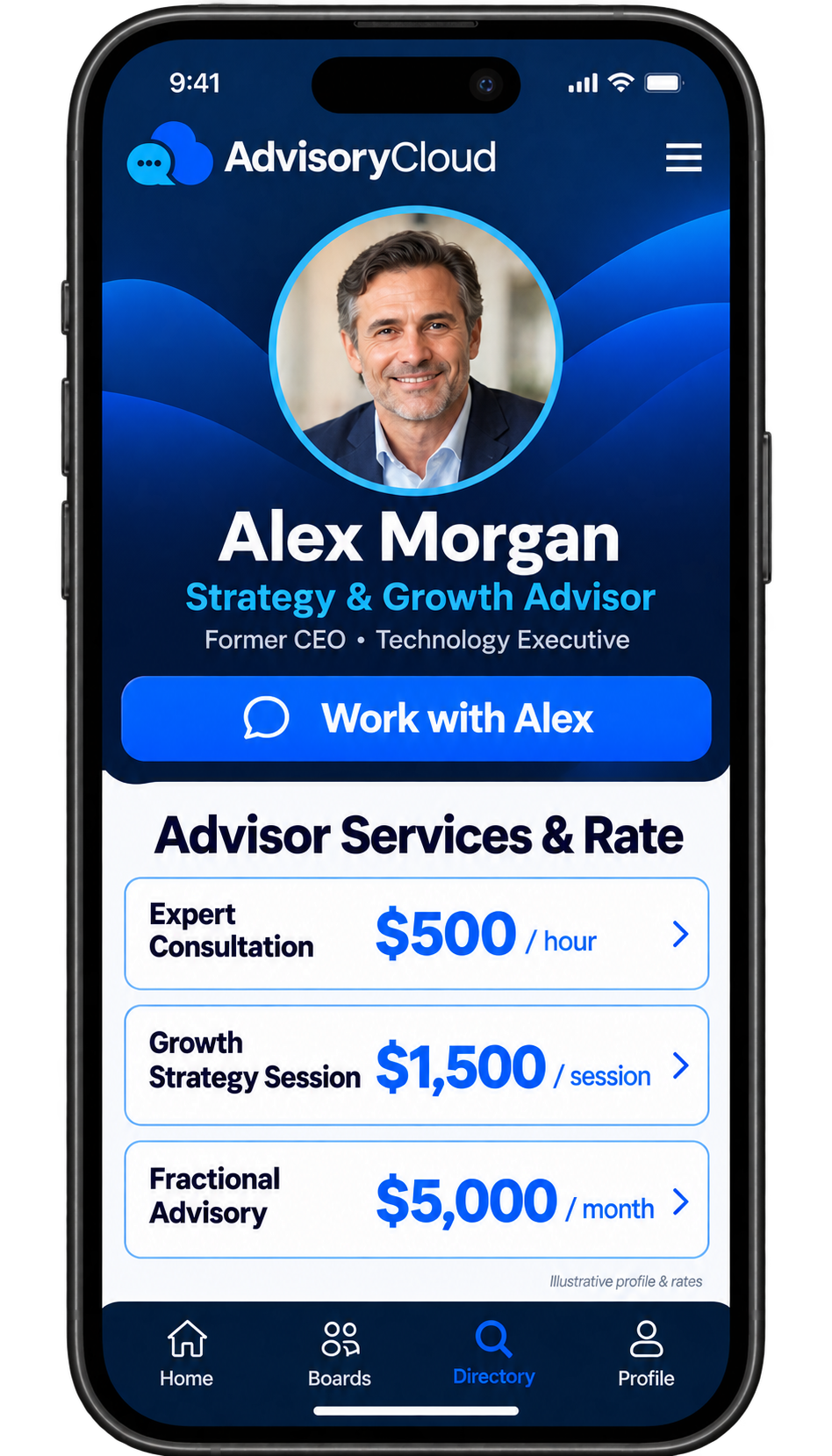An illustrative advisor directory profile with a prominent headshot, Work with Alex button, and advisory service rates