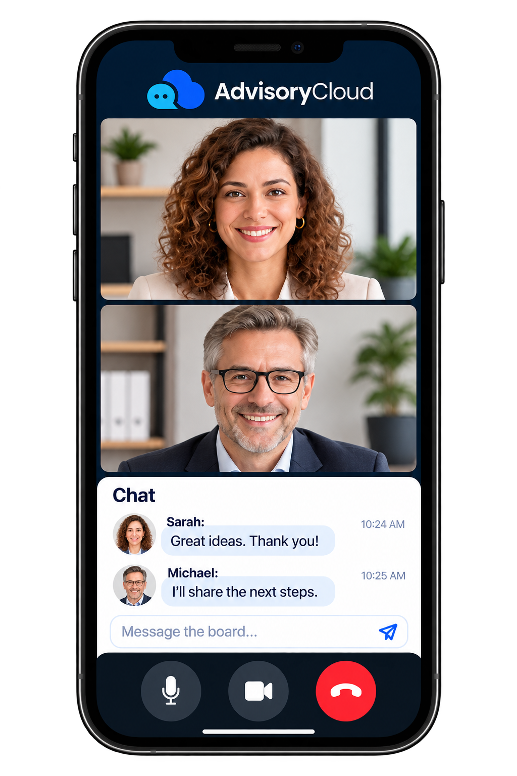 Illustrative AdvisoryCloud video call with two advisors and integrated board chat on iPhone